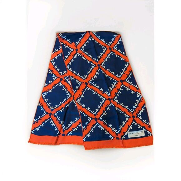 Jean Patou Paris 100% Silk Scarf Vintage Red White Blue Geometic France Fringe - Picture 1 of 7